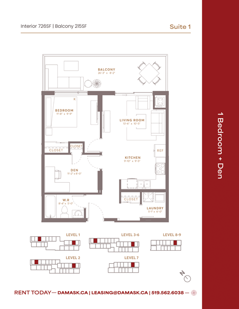 Floor plan for 1 bed, 1 bath, 726 sqft